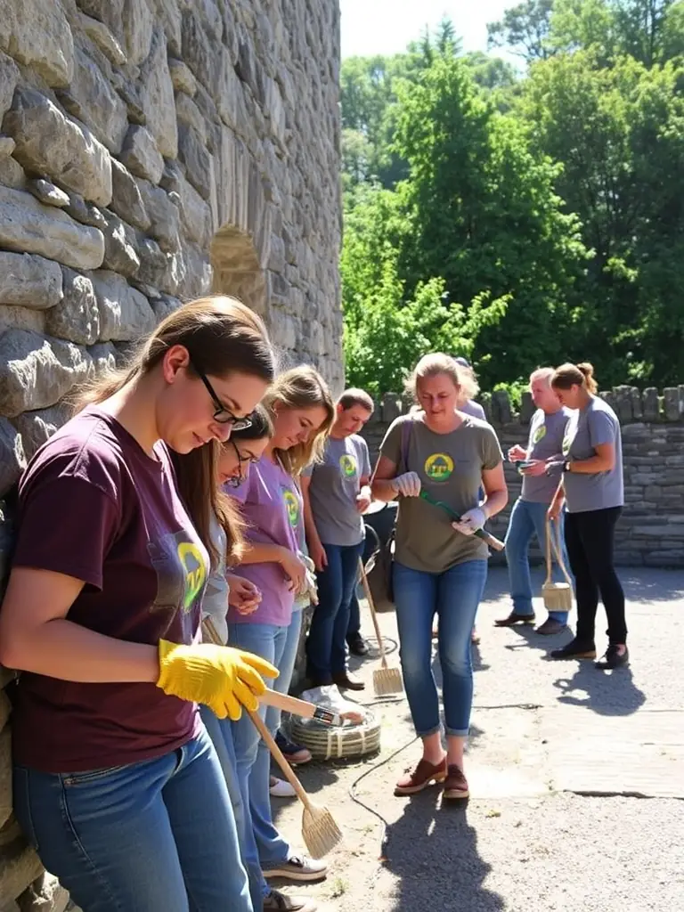 A photograph of volunteers restoring a historical building in Saintonge, showcasing the direct impact of support on heritage preservation.