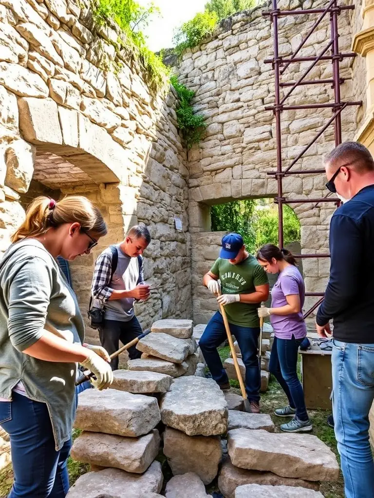 An image depicting volunteers working on the restoration of a historical building in Saintonge, emphasizing community involvement and preservation efforts.