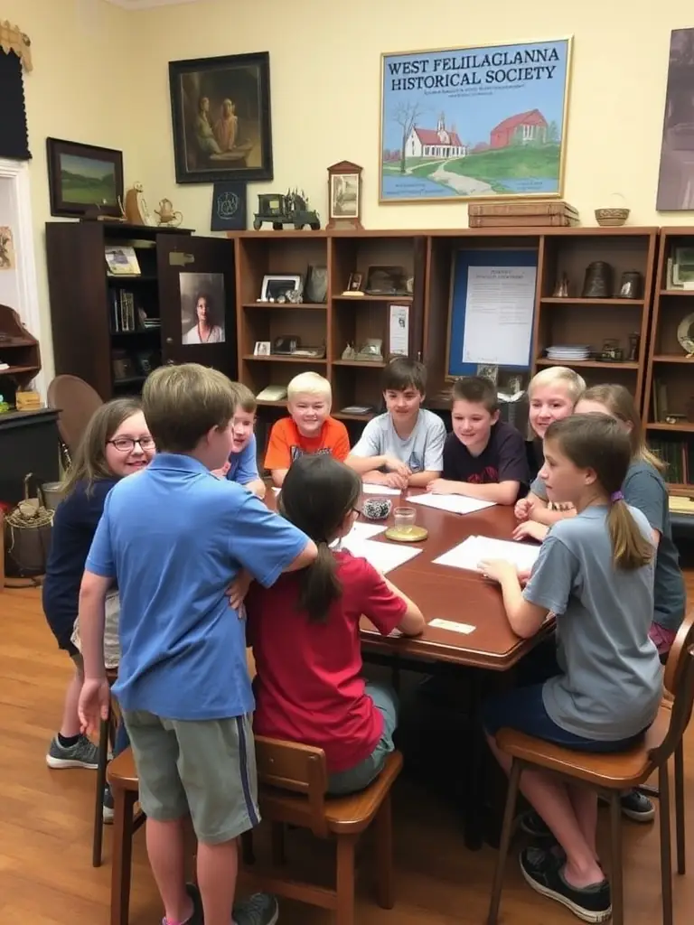 A photograph capturing a group of students participating in an interactive history workshop at a local heritage site in Saintonge, showcasing hands-on learning and engagement with historical artifacts.