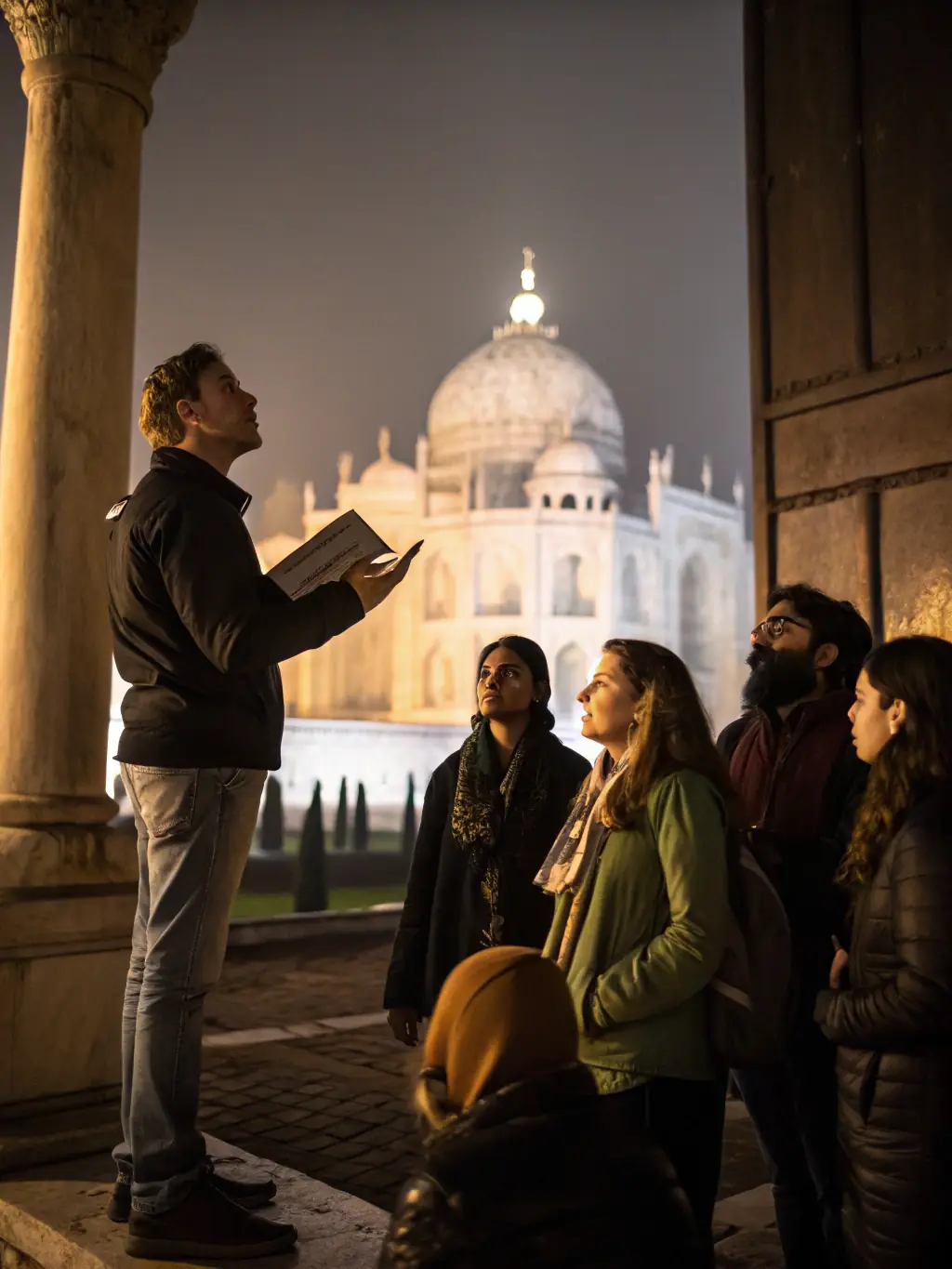 A picture of a guided tour group visiting a historical site in Saintonge, with a knowledgeable guide explaining the history.