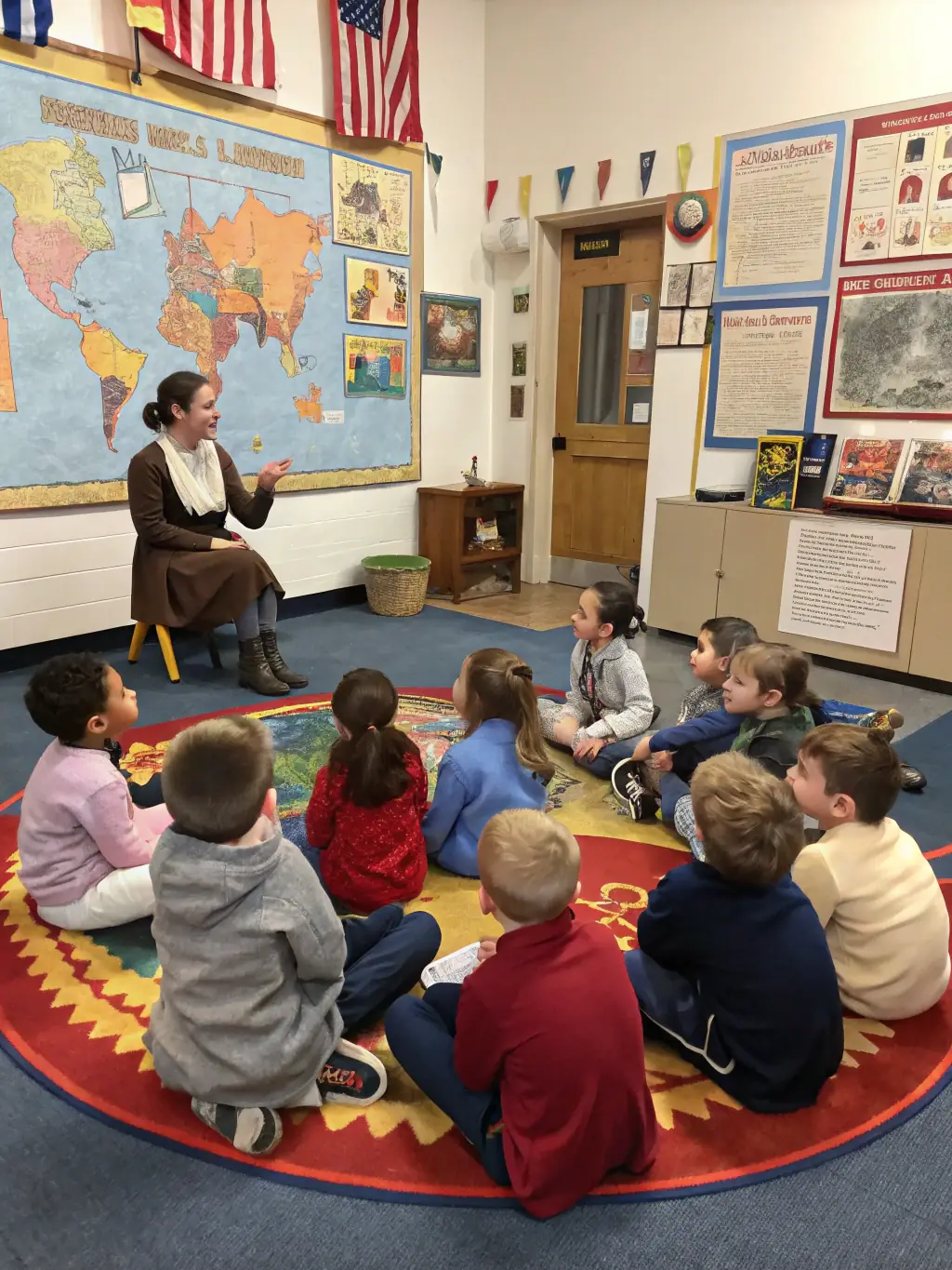 A photo of children participating in an educational workshop focused on local history, with artifacts and interactive learning materials.