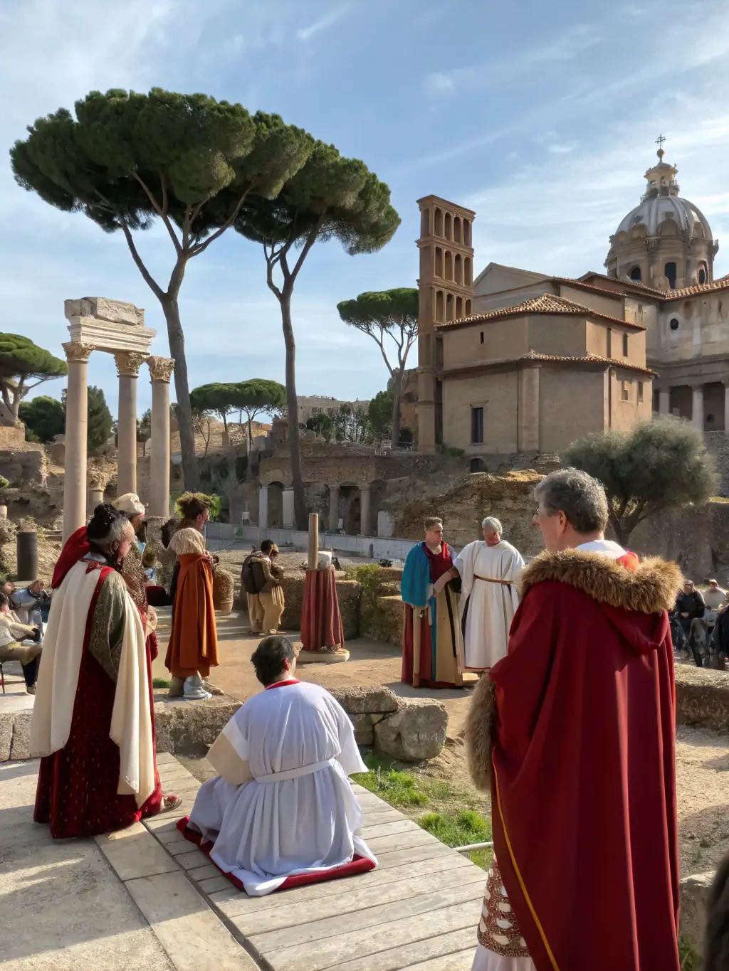 A vibrant image of participants engaging in a historical reenactment at a local heritage site, dressed in period costumes.