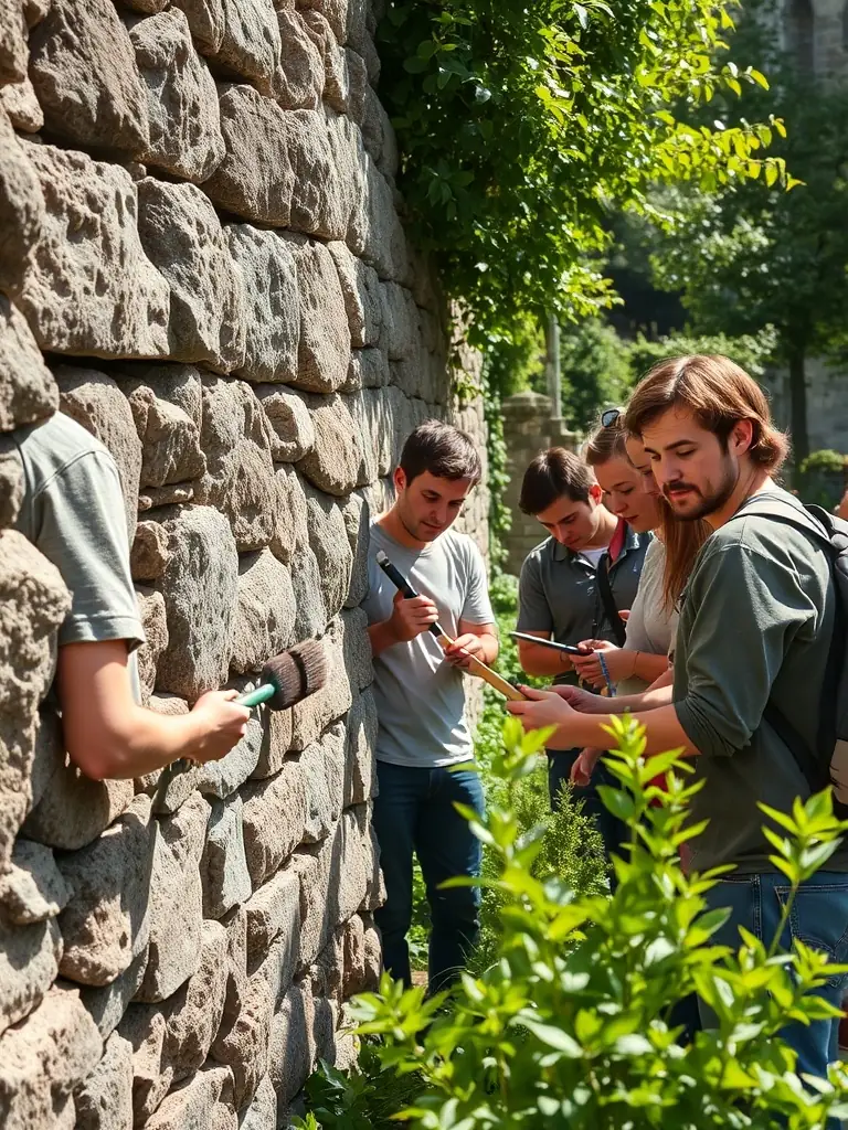 A photograph of volunteers restoring a historical building in Saintonge, focusing on teamwork and preservation efforts.