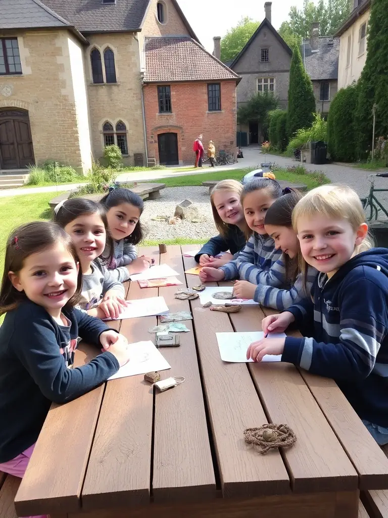 A photo of children participating in an educational workshop about local history, with interactive learning materials.