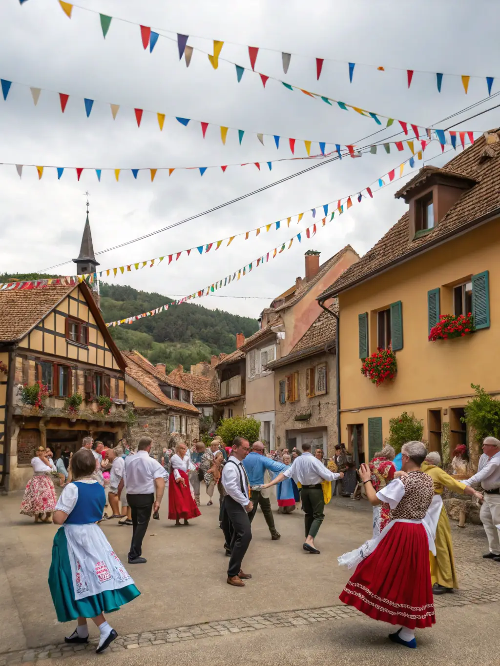 A photo of a community event celebrating local Saintonge traditions, featuring traditional music, dance, and local crafts.