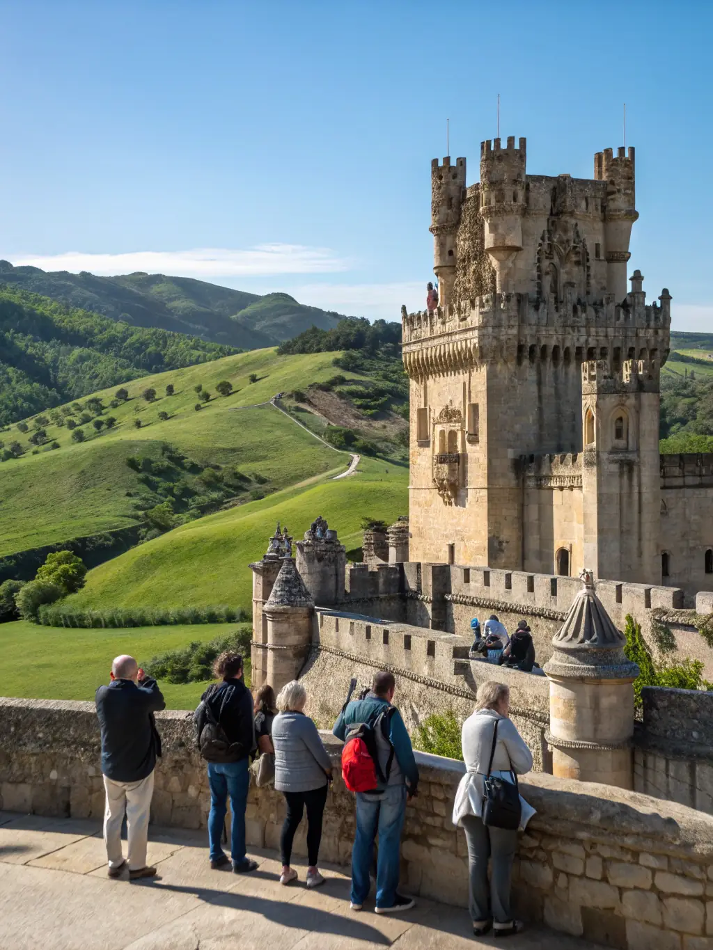 A photograph capturing a group of tourists on a guided tour of the Château de la Roche Courbon, with the guide pointing out historical architectural details.