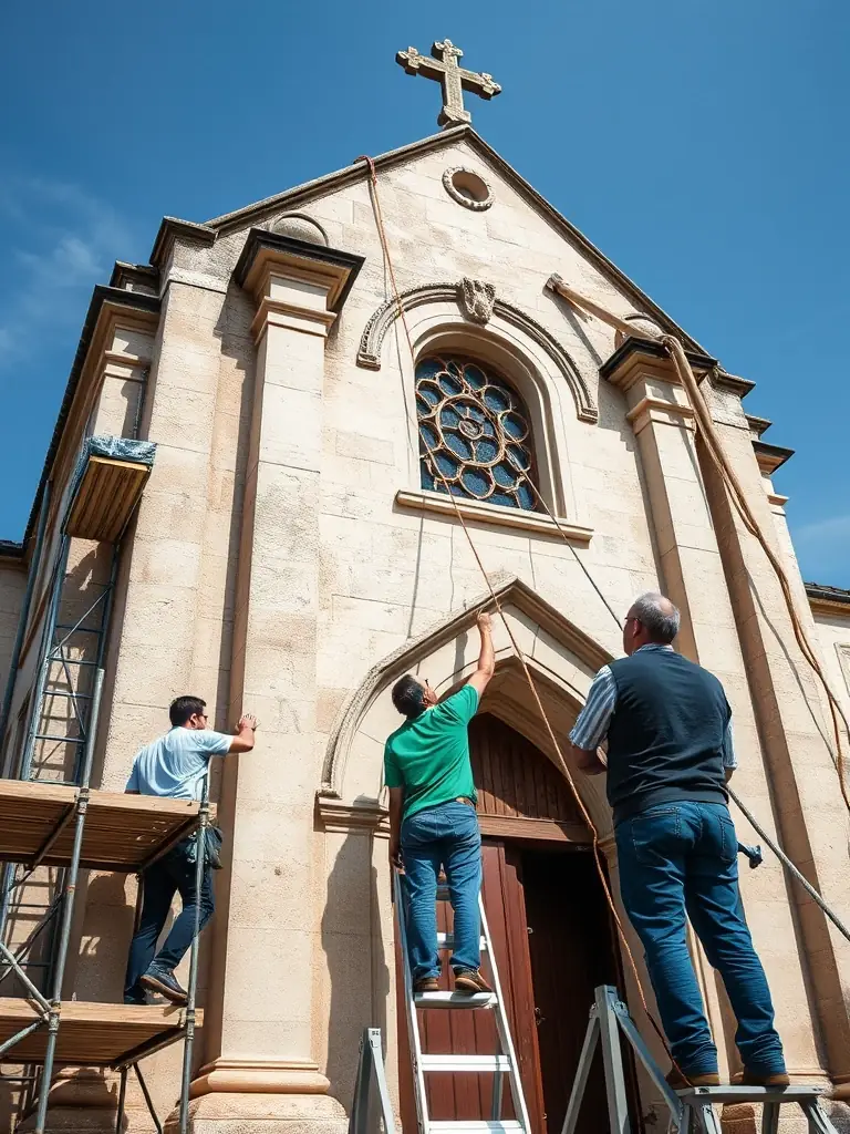 A photograph of volunteers restoring a section of the Château de la Roche Courbon, focusing on the architectural details and the careful work being done.