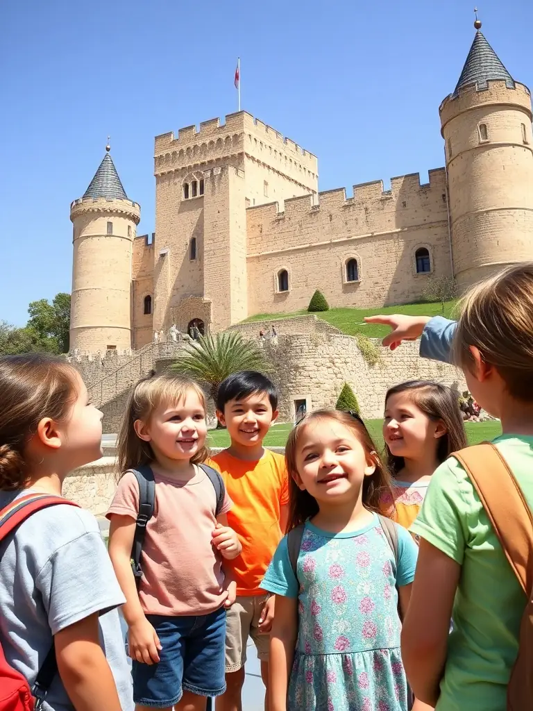 A group of students participating in an educational tour at a historical site in Saintonge, with a guide explaining the significance of the location.